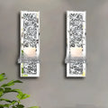 Pair of tall silver mirror glass wall candle holders, modern style.