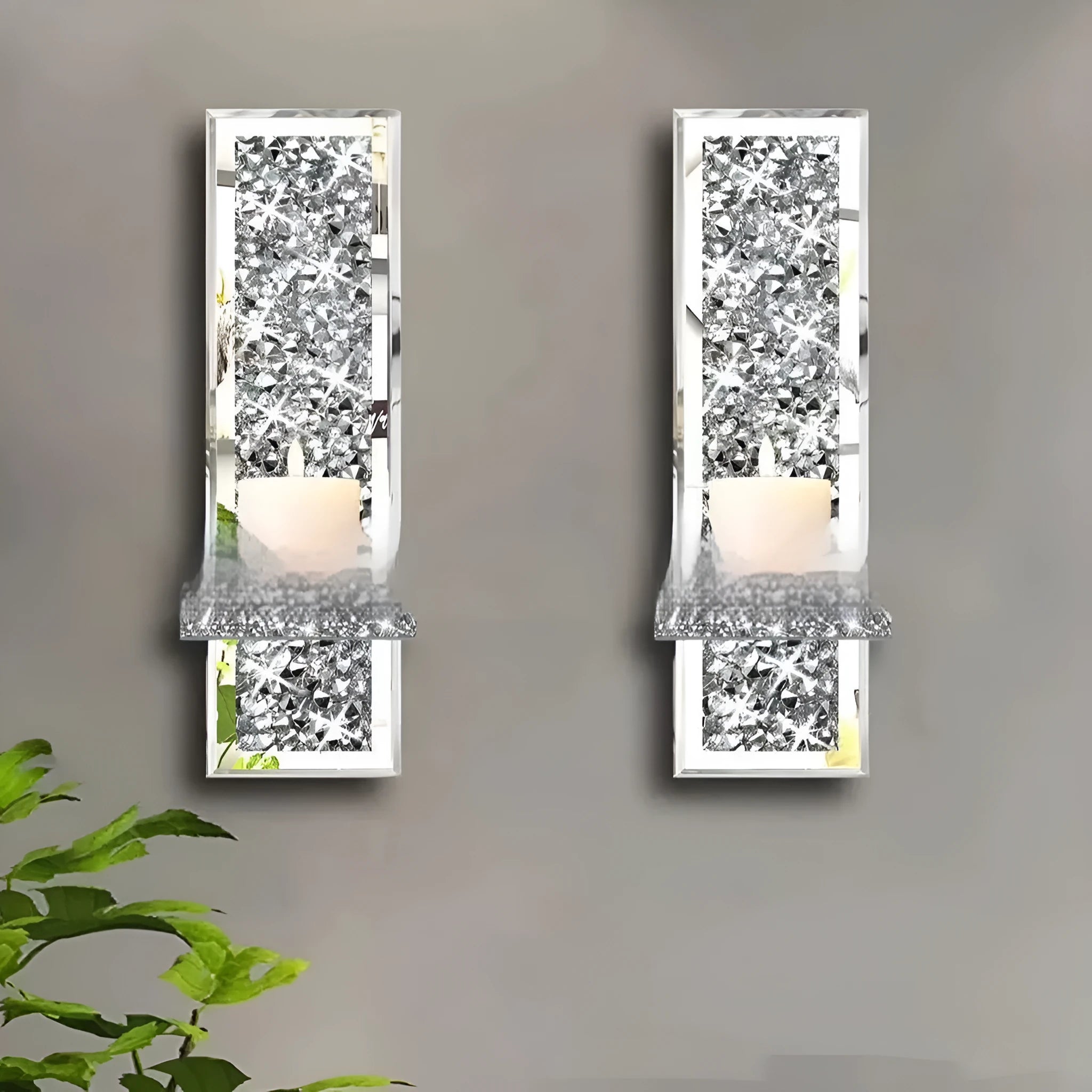 Pair of tall silver mirror glass wall candle holders, modern style.