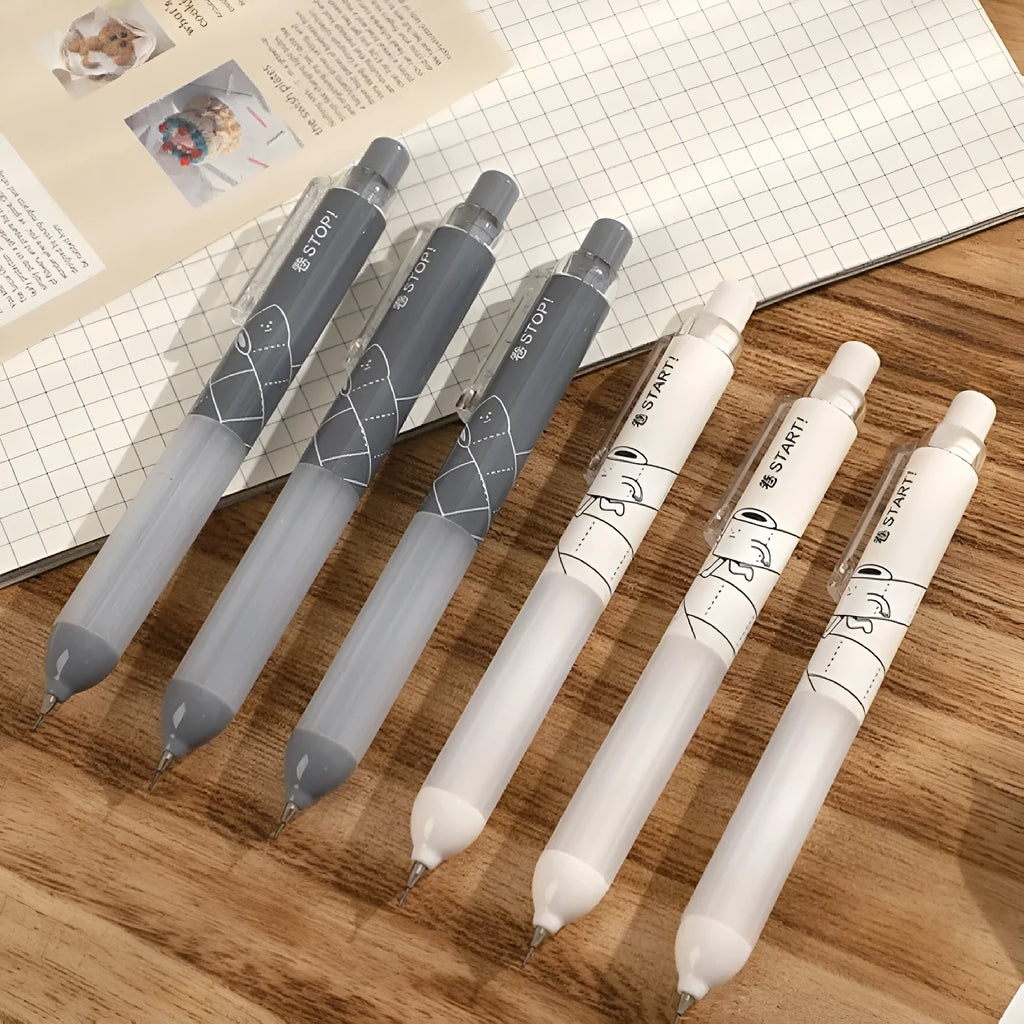 Black and white 0.5mm mechanical pencils with cloud grip design on plastic barrel