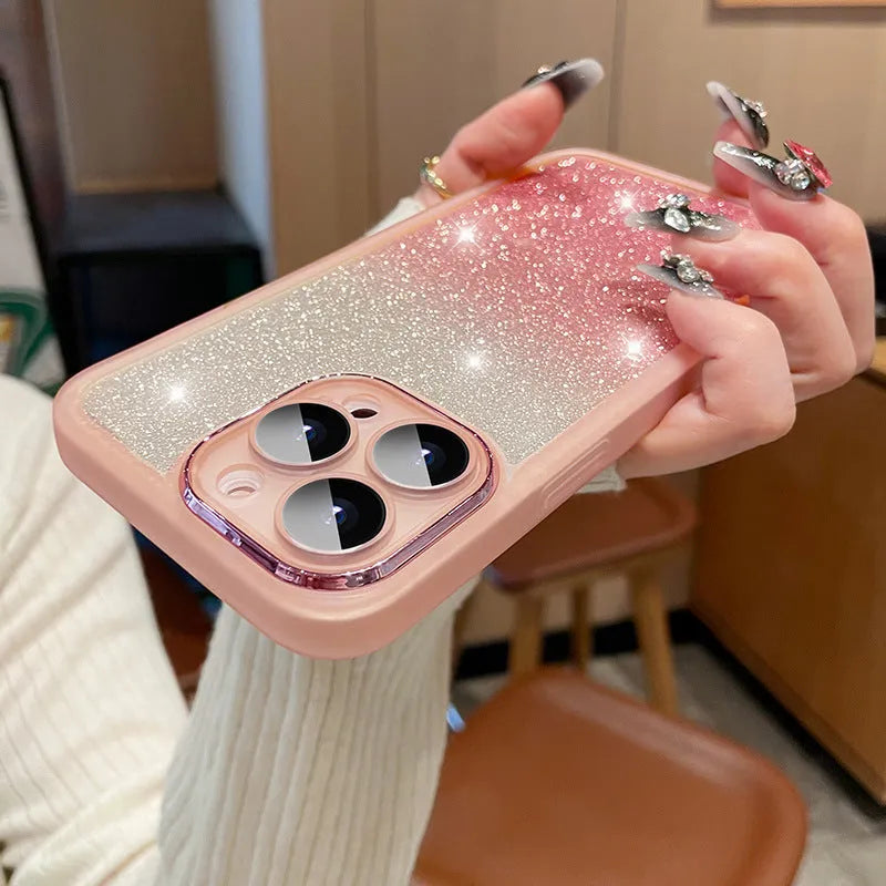 Ultra-thin transparent glitter phone case for iPhone with gradient electroplating finish.