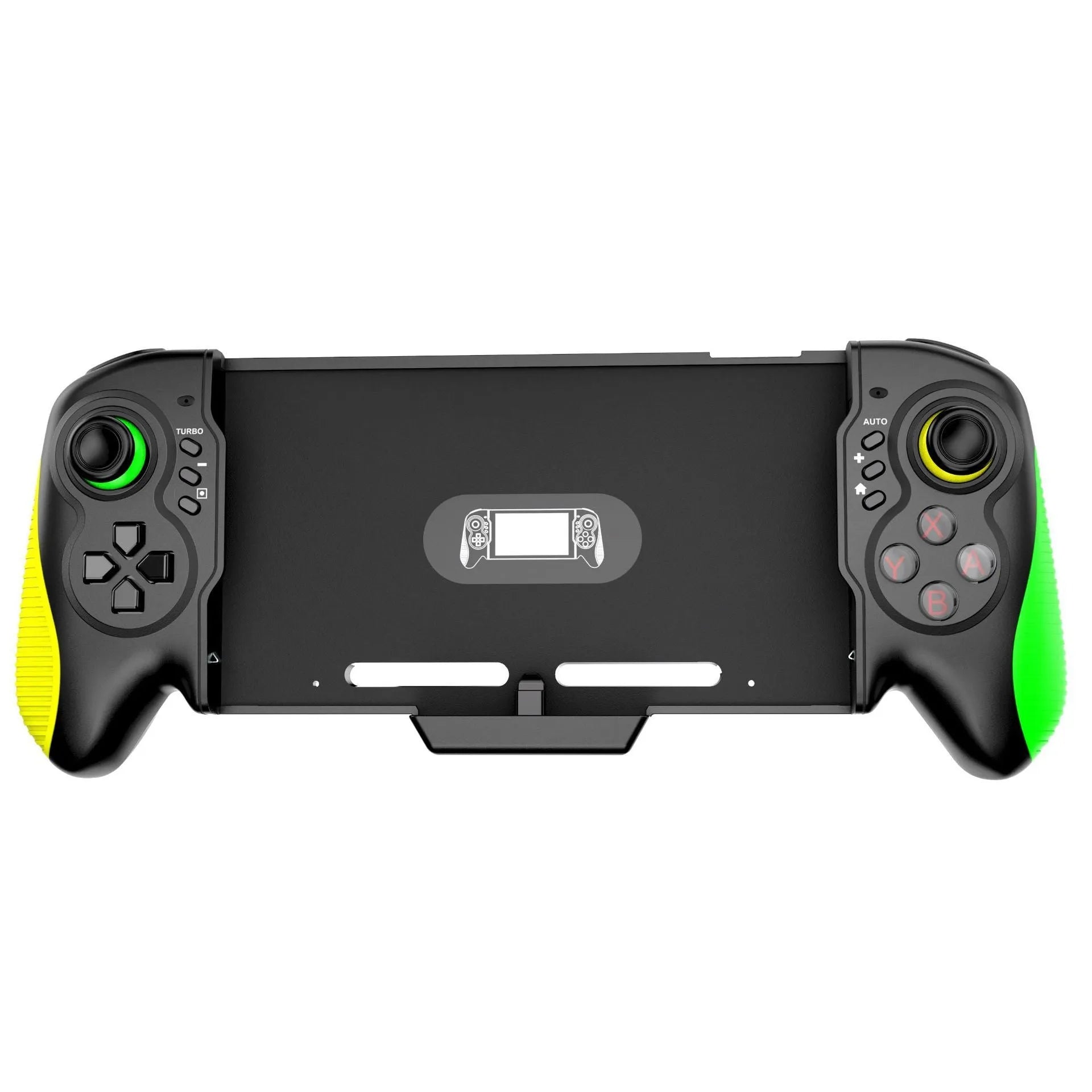 Yellow-green game controller with in-line handle design for Switch and PC gaming with vibration feedback