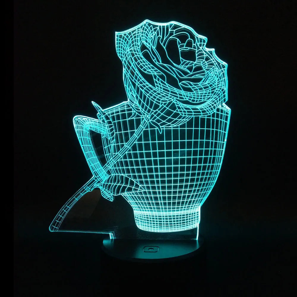 3D rose-shaped LED night light showing colour-changing glow on acrylic panel with ABS base.