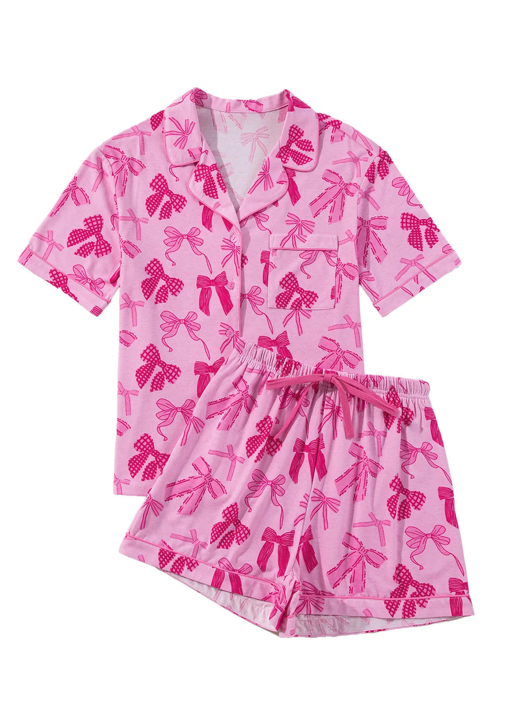 Pink bow print women's pyjama set with top and trousers thin polyester fabric