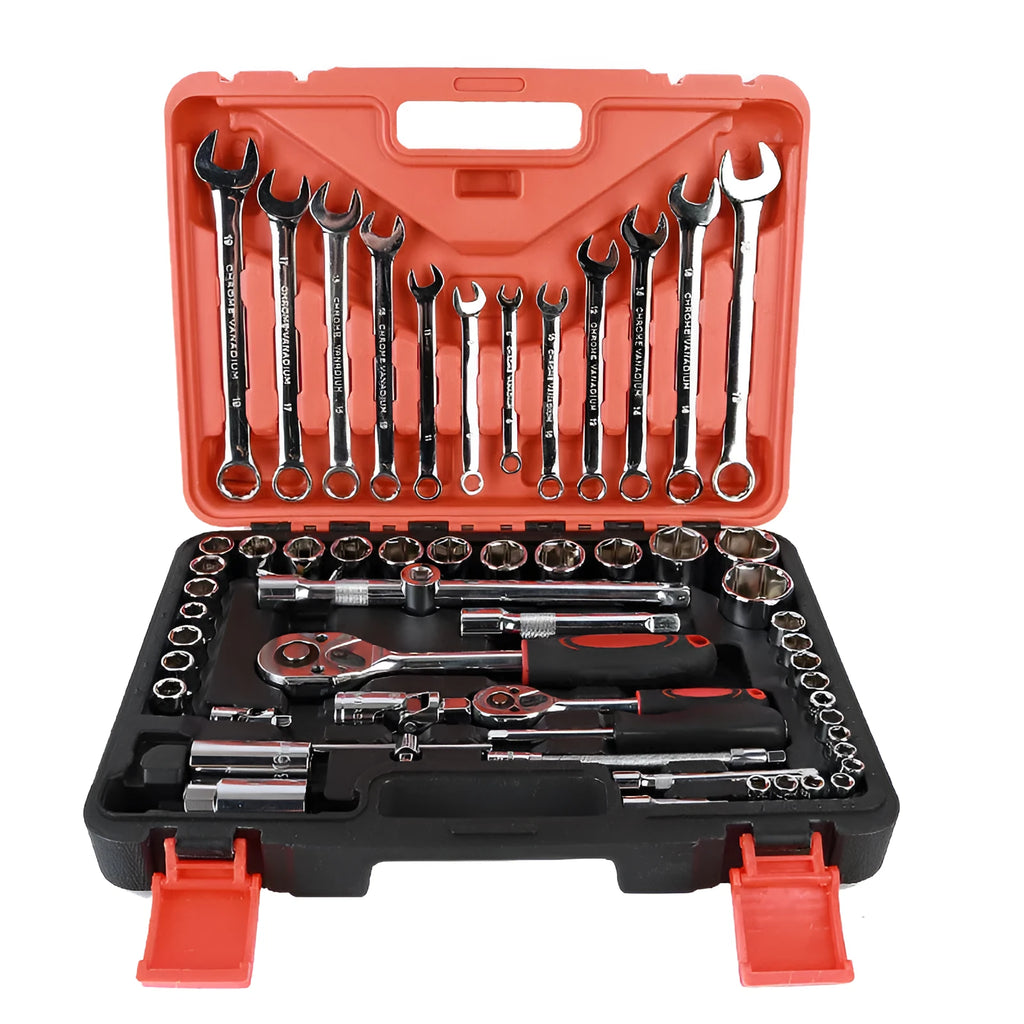 61-piece auto repair tool set with chrome vanadium steel sockets and wrenches for mechanical work