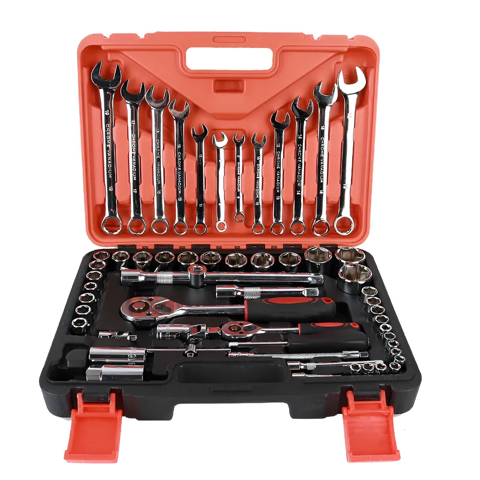 61-piece auto repair tool set with chrome vanadium steel sockets and wrenches for mechanical work