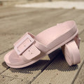 Women's grey blue flip-flop sandals with an adjustable buckle on the strap and a soft EVA sole.
