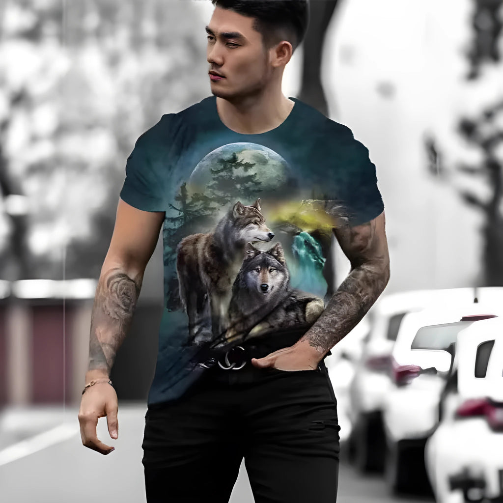 Men's short-sleeved T-shirt with a retro style 3D animal graphic print on light blue fabric.