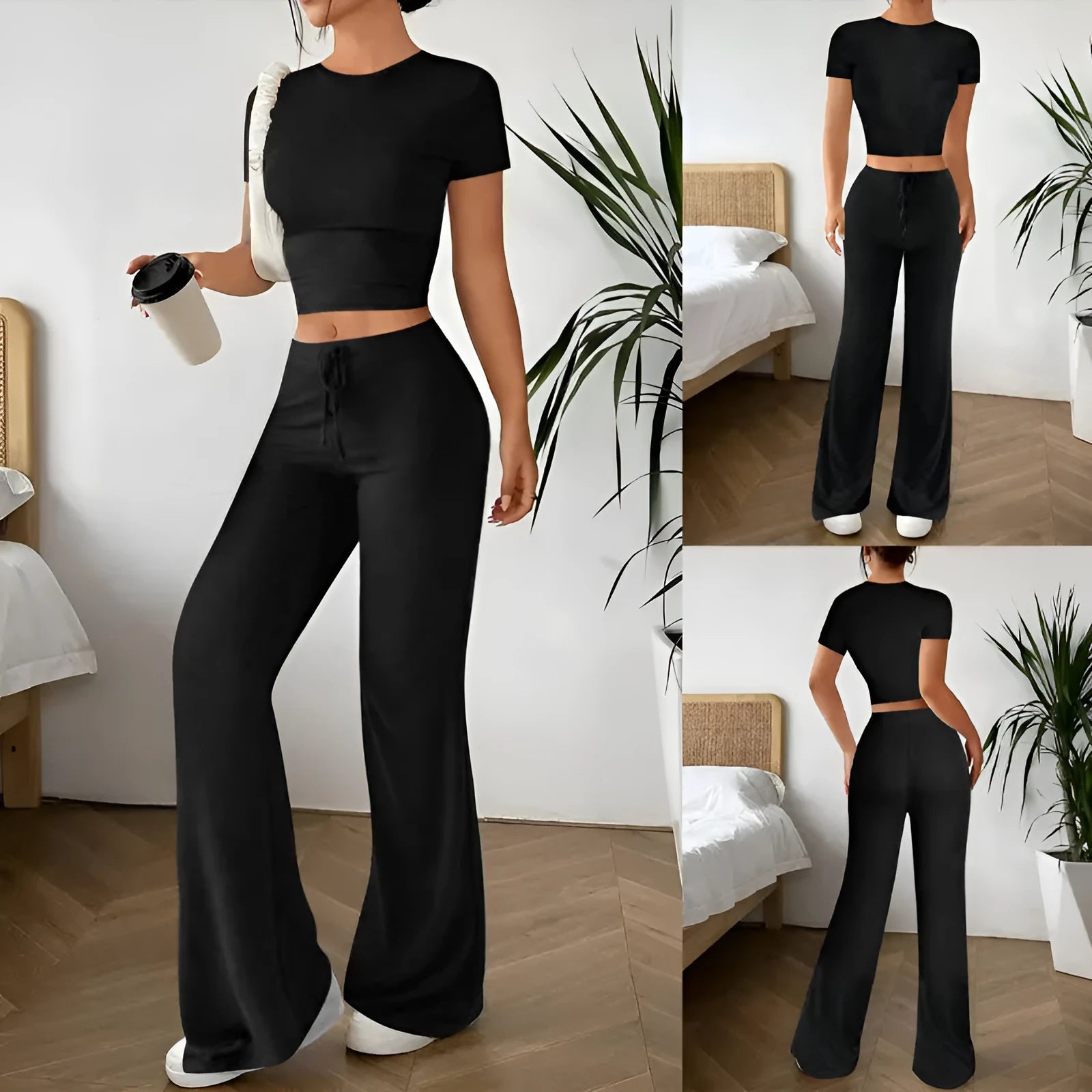 Black women's polyester high waist trouser and short sleeve t-shirt suit set