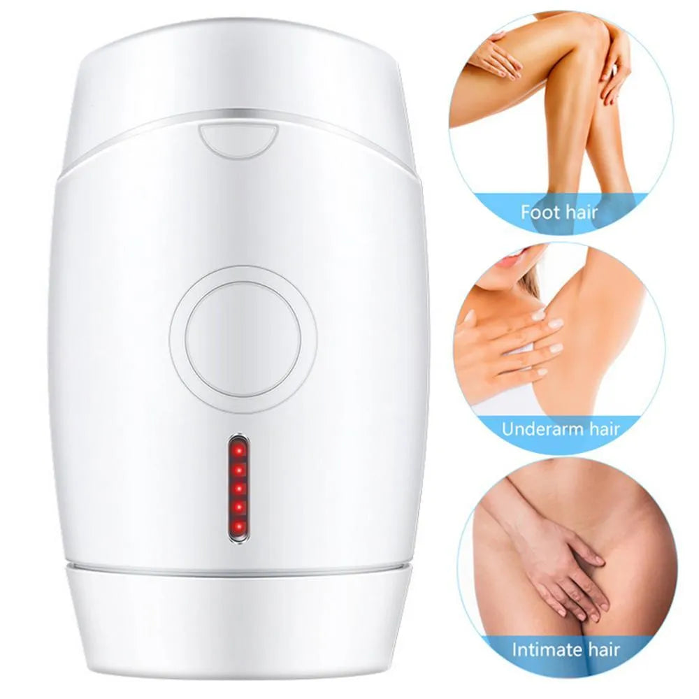 White home laser hair removal handset unit with display, shown next to its power adapter.