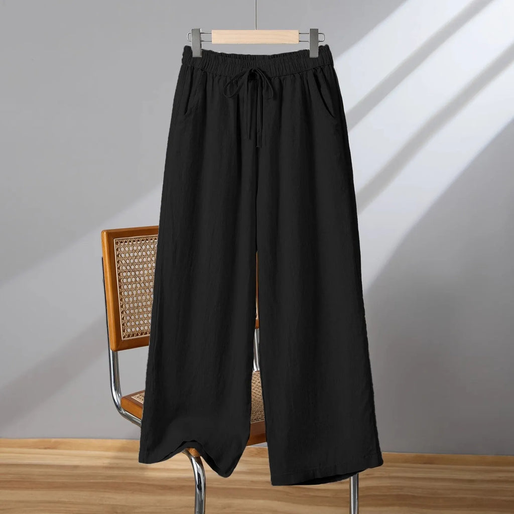 Women's straight-leg casual trousers with elastic waist and lace-up drawstring in four colour options