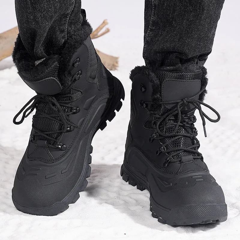 Men's black high-top lace-up boots with fleece lining, shown on a size chart from 39 to 48