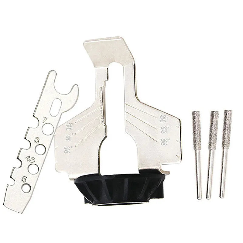 Electric grinding chain sharpening accessory set with high speed steel attachment, polishing tools, and ruler