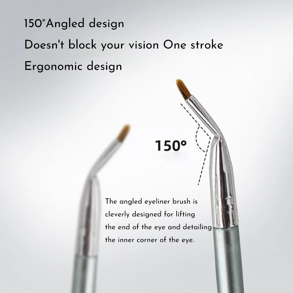 Close-up of an angled bend head makeup brush for eyeliner and under-eye concealer application.