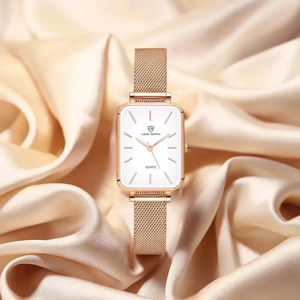 Womens waterproof watch with woven steel strap and alloy case in rose gold or silver