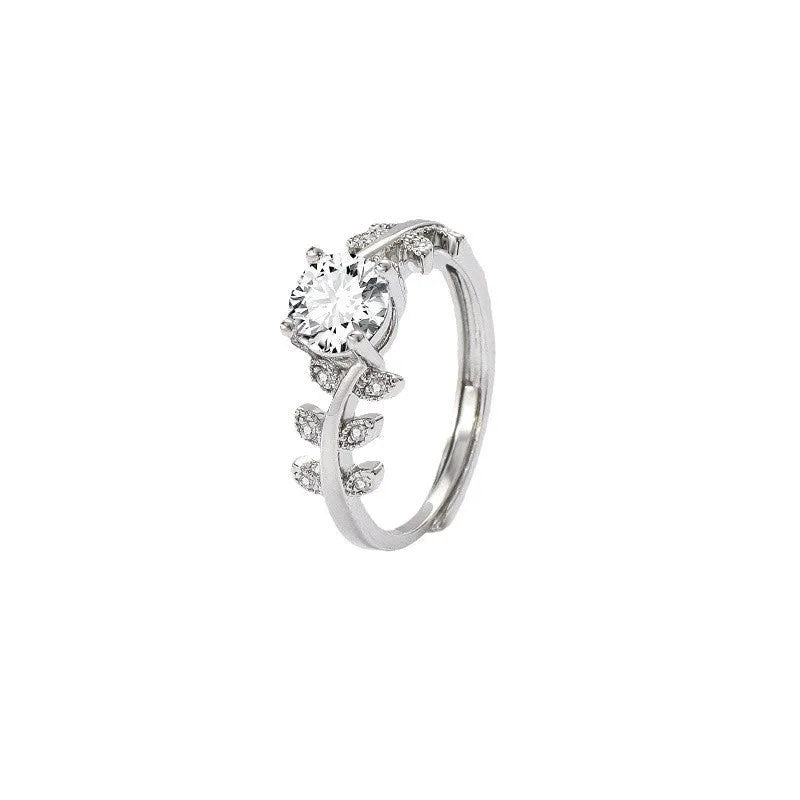 Women's adjustable copper ring leaf shape white gold colour 1 carat high-sensitivity stone index finger