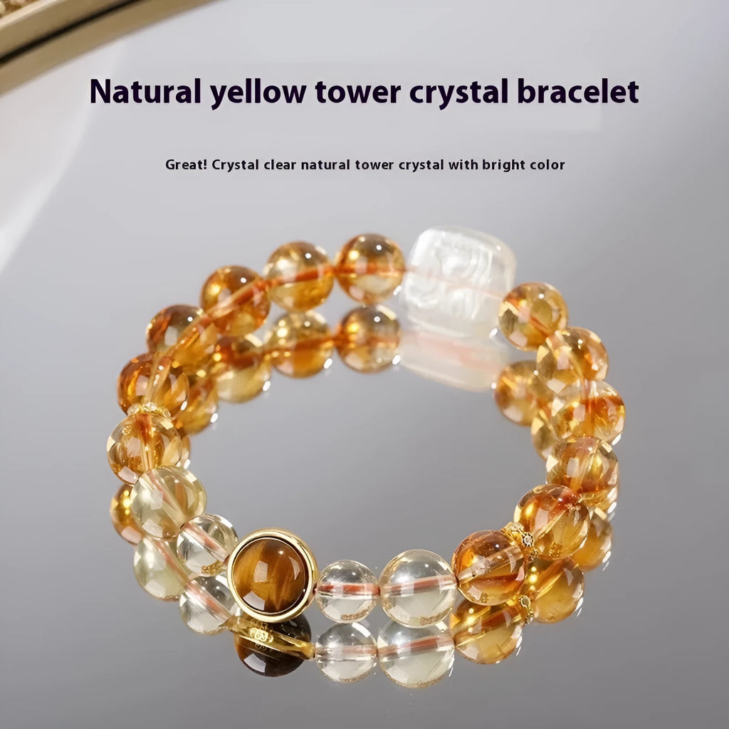 Women's carved citrine bracelet with geometric 10mm crystal beads and ethnic style detailing