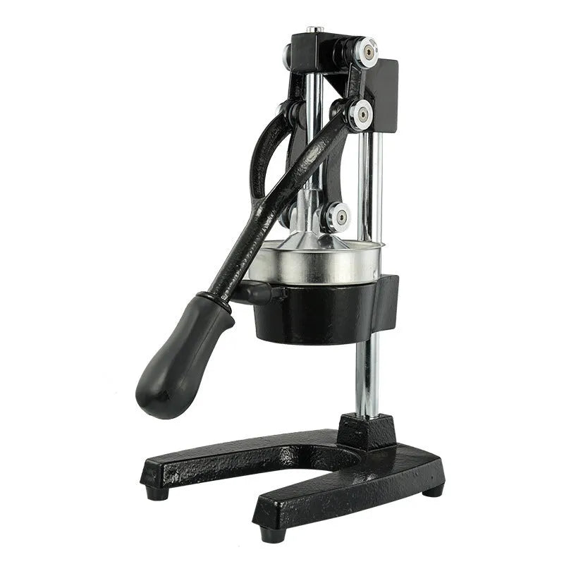 Black cast iron manual citrus juicer with stainless steel cone and lever, 40cm tall on a table.