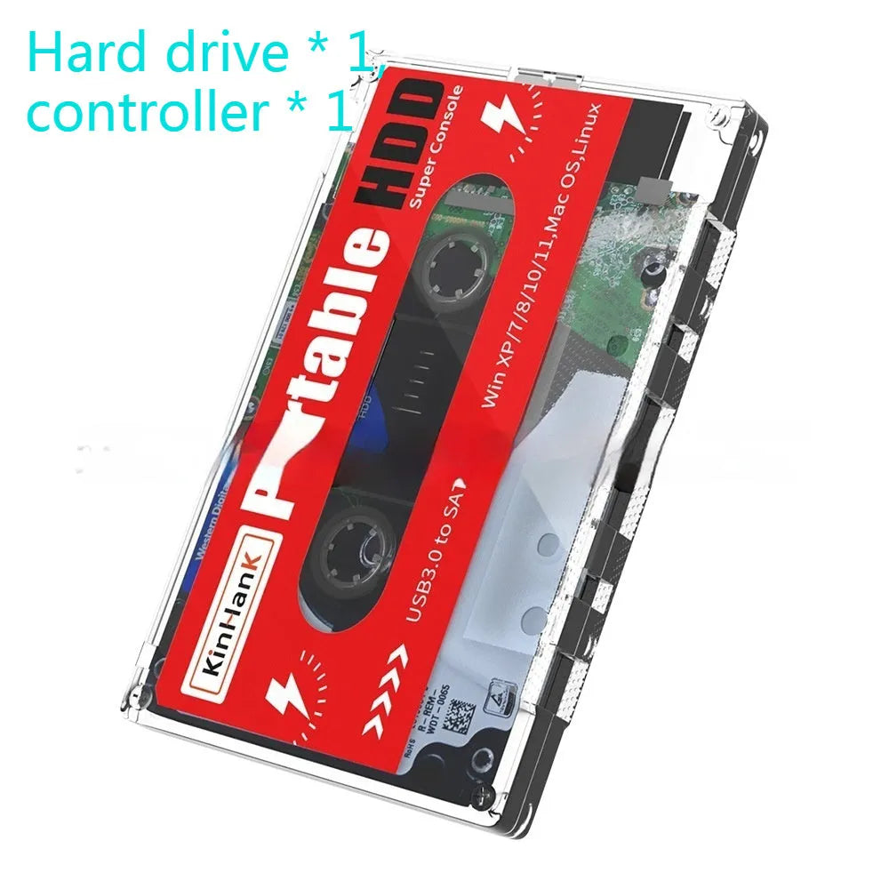 External mechanical hard disk for mobile gaming with USB cable and carrying case.