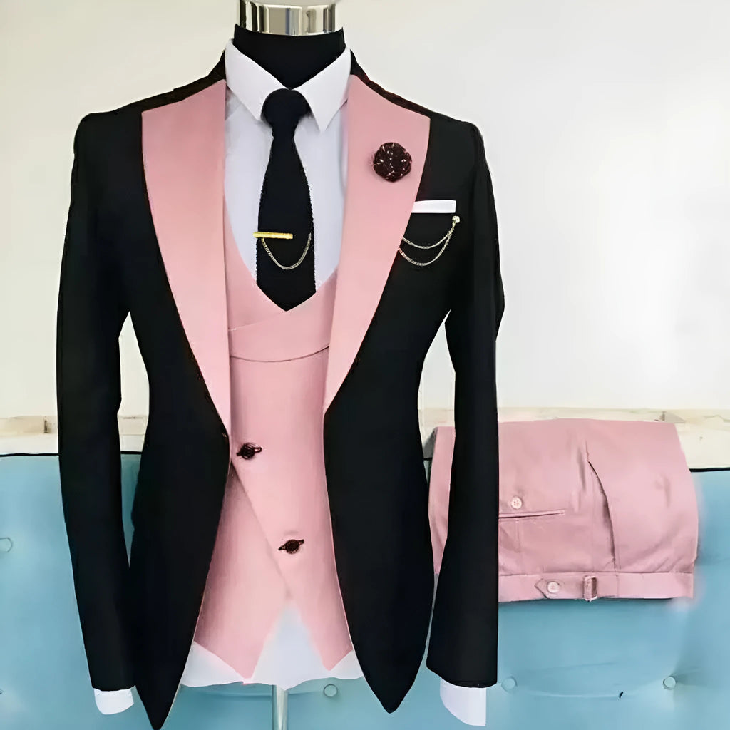 Men's black slim fit three-piece cotton suit with vest and trousers on a hanger.