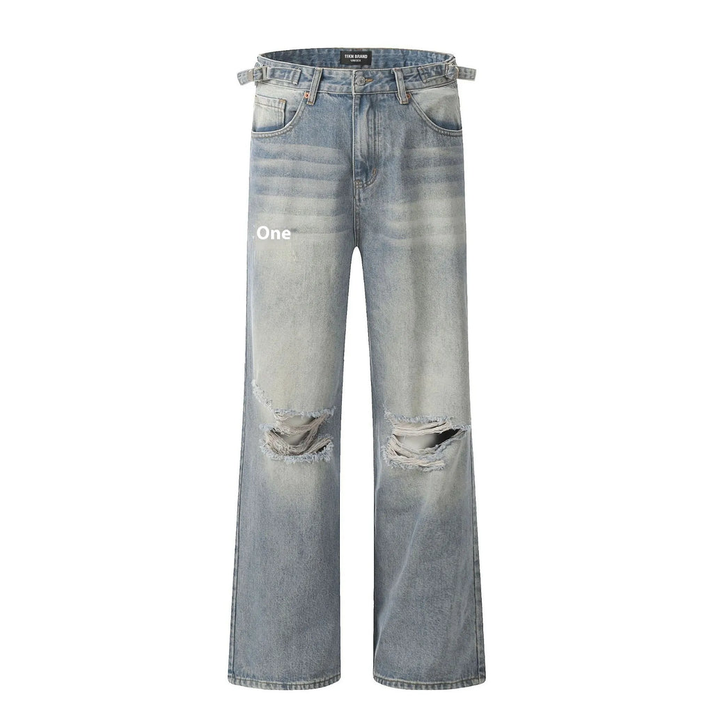 Blue men's straight-leg jeans with ripped detailing on a cotton blend fabric