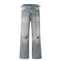 Blue men's straight-leg jeans with ripped detailing on a cotton blend fabric