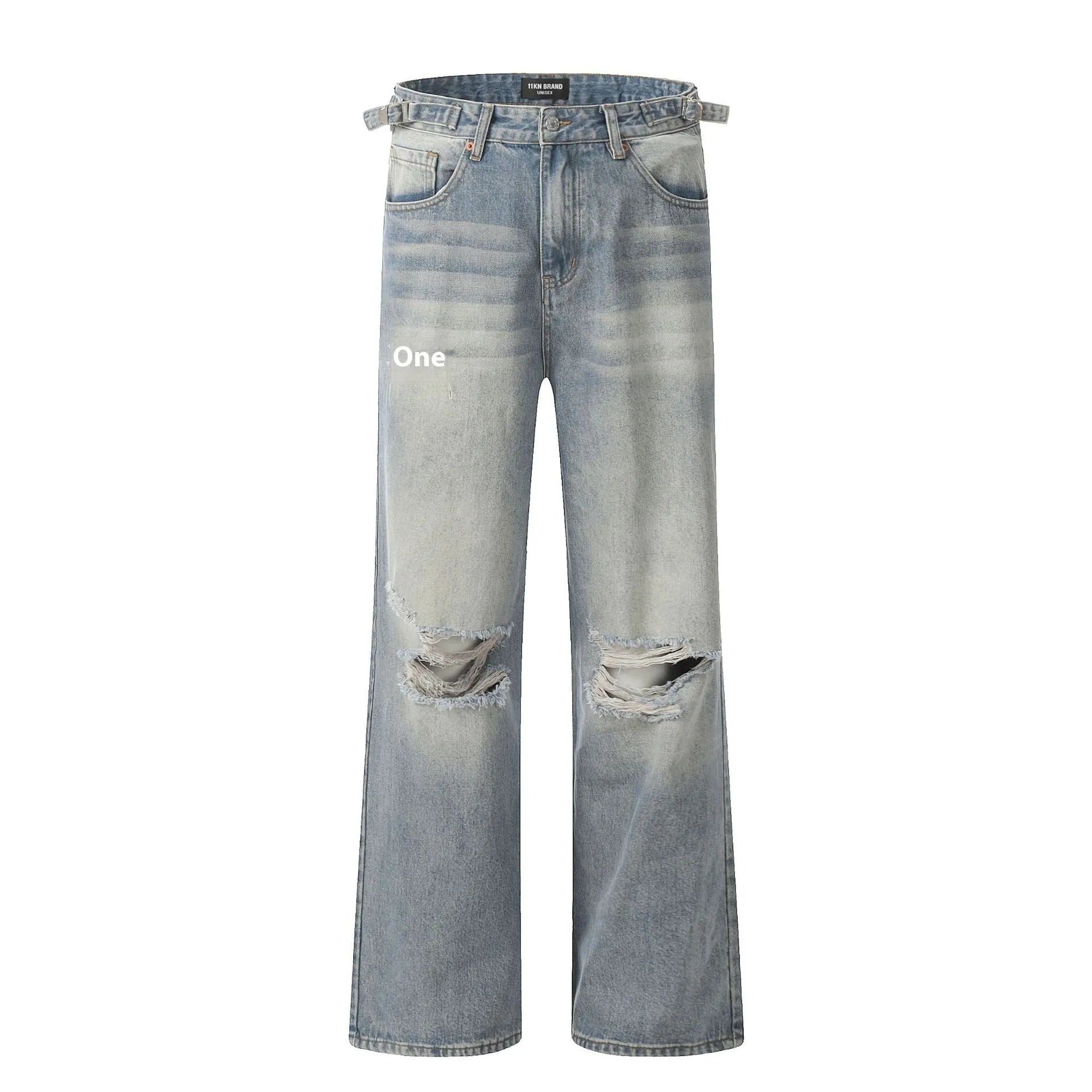 Blue men's straight-leg jeans with ripped detailing on a cotton blend fabric