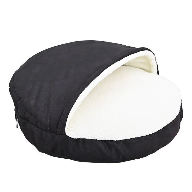 Brown removable washable cloth dog kennel for indoor use with a small dog.