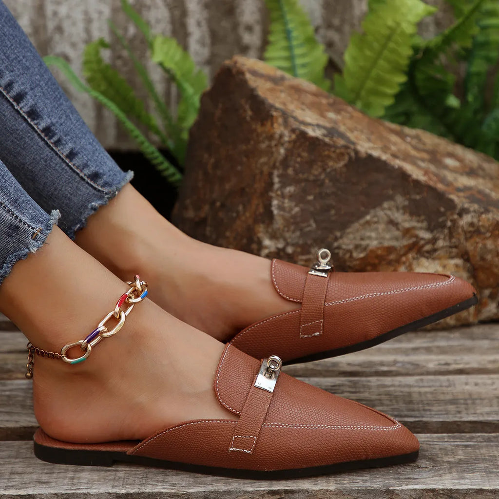 Light brown women's pointed-toe low heel slippers with PU upper and rubber sole