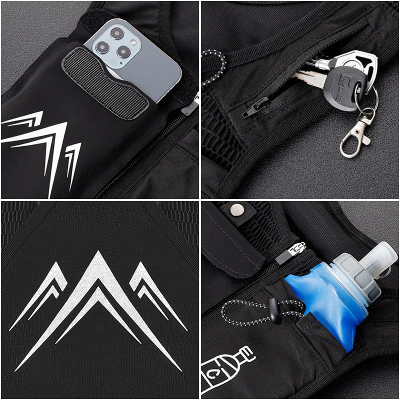 Breathable mesh running vest in grey with integrated front phone pocket for outdoor sports.