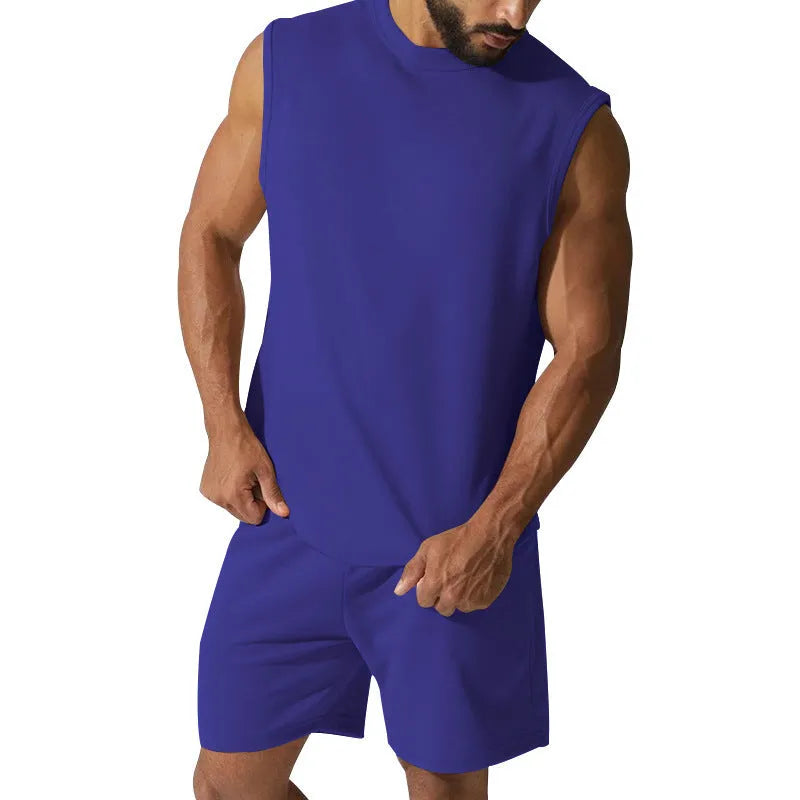 Men's sleeveless cotton blend sports top and shorts set in solid colour