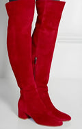 Women's grey suede over-the-knee flat boots with pointed toe and low block heel