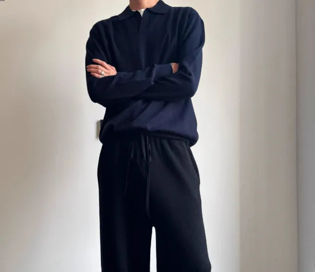 Men's pure wool polo sweater with lapel collar in milky white and navy blue colours