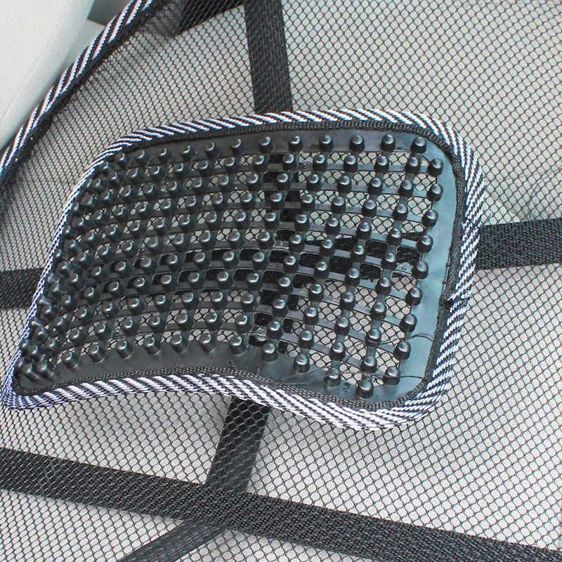 Black car lumbar support pillow showing 41x39cm dimensions and polypropylene fibre material.