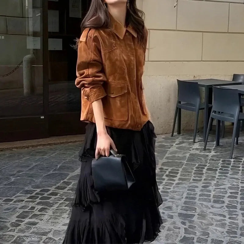 Women's brown suede-look coat with regular sleeves and street chic styling