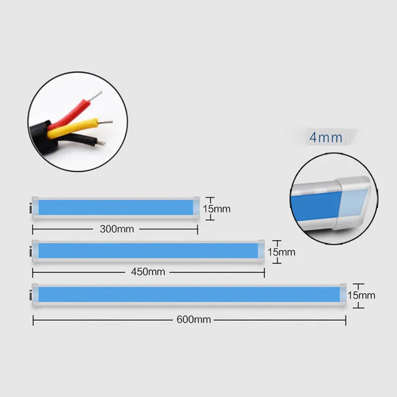 Slim silicone car LED daytime running light strip with flowing turn signal effect on a vehicle headlight.