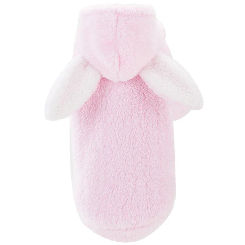 Cute pink rabbit design cat clothes made from soft cotton on a cat