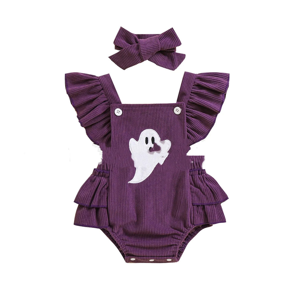 Purple linen cotton triangle baby jumpsuit with embroidery and headband for 70-100cm toddlers