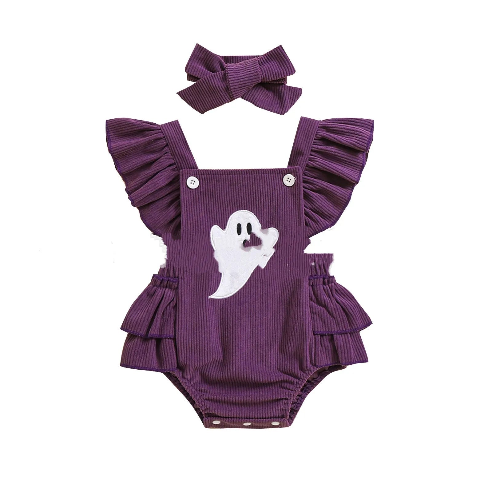 Purple linen cotton triangle baby jumpsuit with embroidery and headband for 70-100cm toddlers