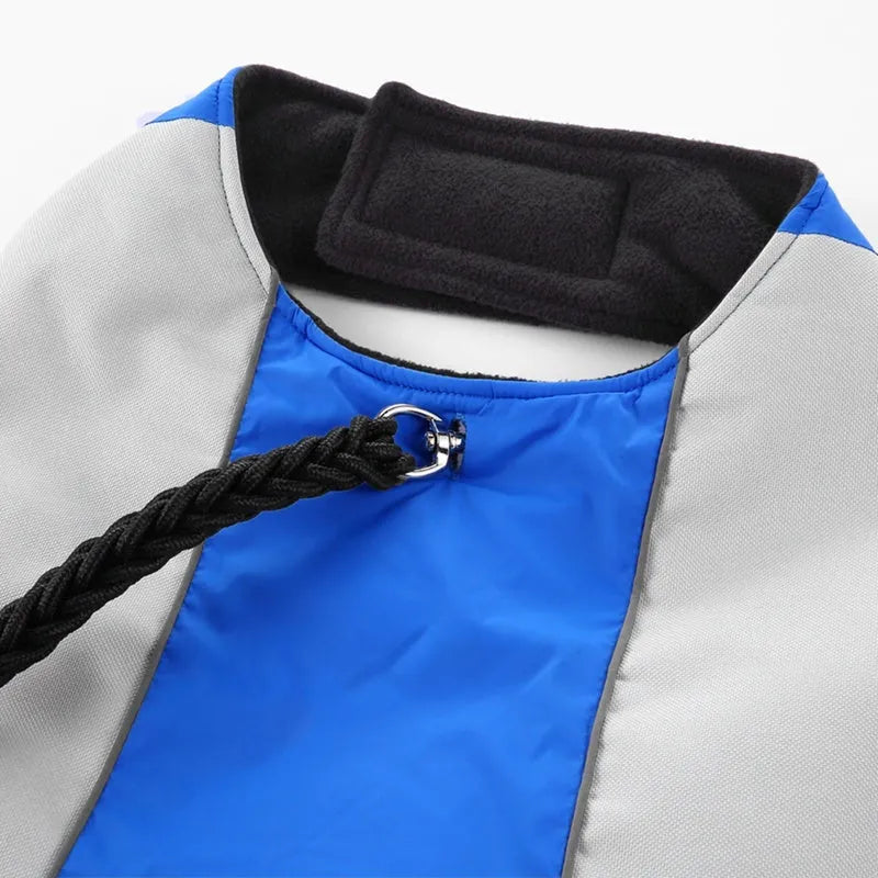 Winter dog coat with reflective strip for large breeds polyester safety jacket blue colour