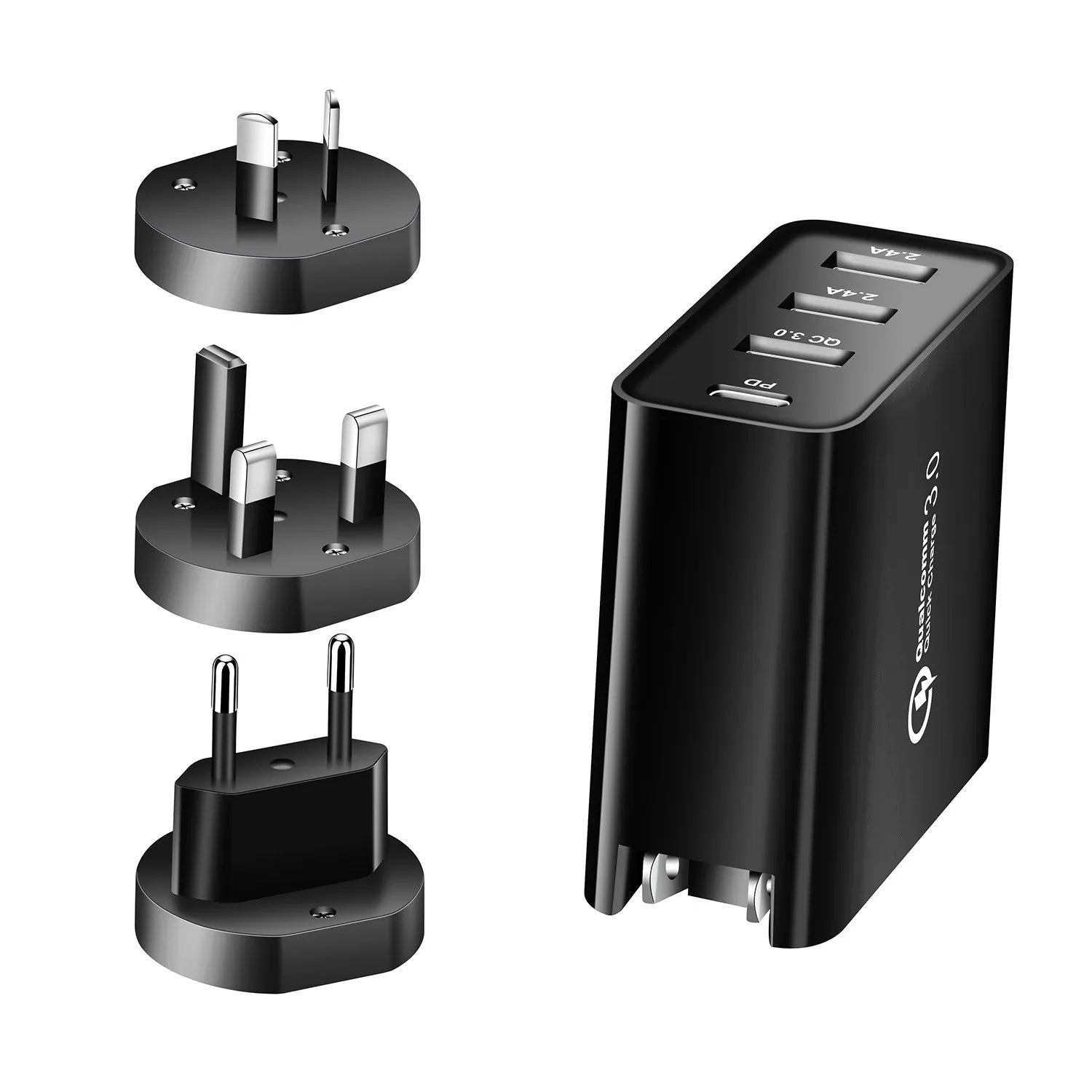 Black and white 48W four-port USB-C PD charger with international plug options