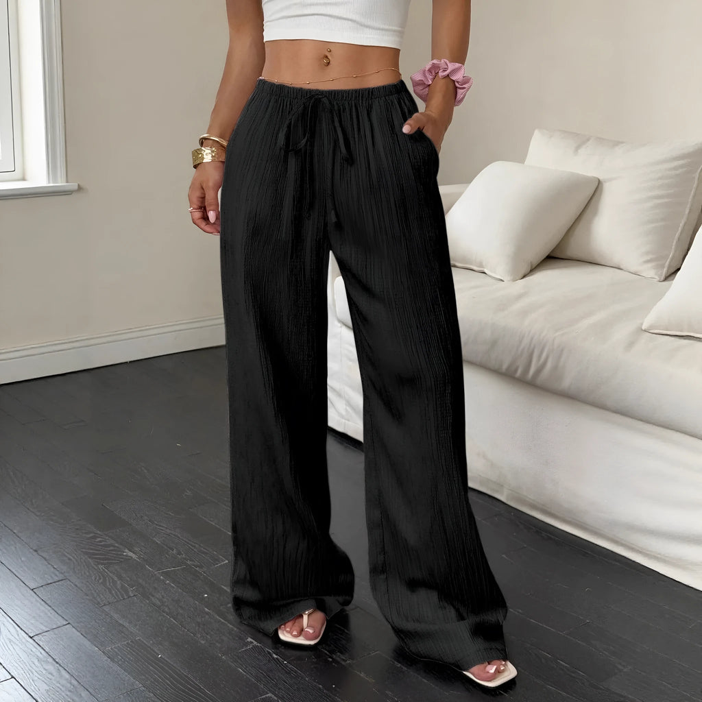 Women's black wide-leg trousers with lace-up waist trimming, casual mid-rise fit