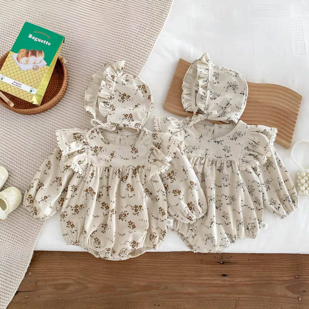 Baby girl corduroy floral jumpsuit in triangle style with long sleeves, round neck, available in black shivering colour