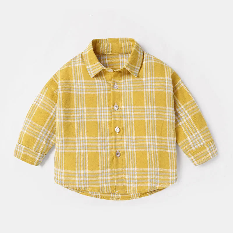 A boys' casual cotton lattice shirt with long sleeves, shown in one of four colours: khaki, light blue, pink, or yellow, featuring an animal or cartoon pattern.