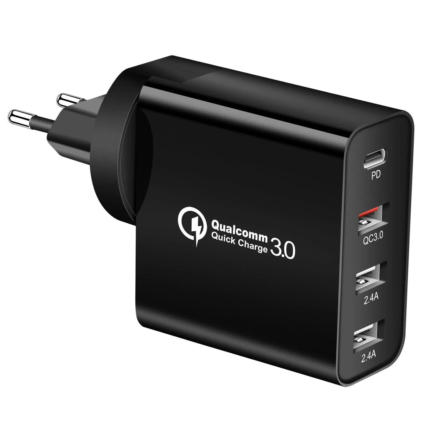 Black and white 48W four-port USB-C PD charger with international plug options
