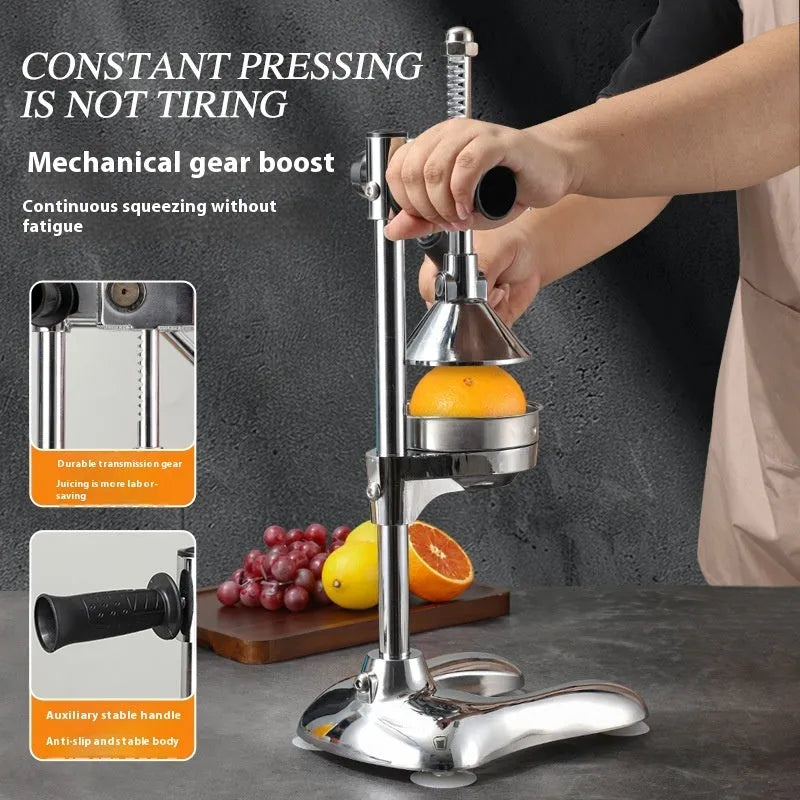 Vertical stainless steel manual citrus juicer with zinc alloy base in various colours and head types.