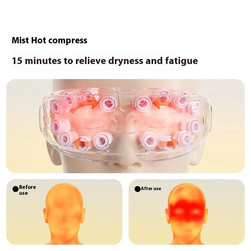 Purplish Gray Bluetooth eye hot compress massager with USB charging cable on a table.