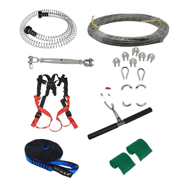 Outdoor pulley slide rope system with alloy steel components and 10 metre rope
