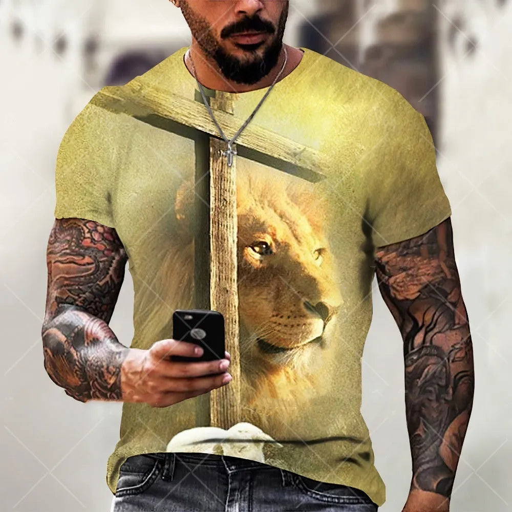 Men's grey t-shirt with a detailed 3D printed Jesus pattern on the front.
