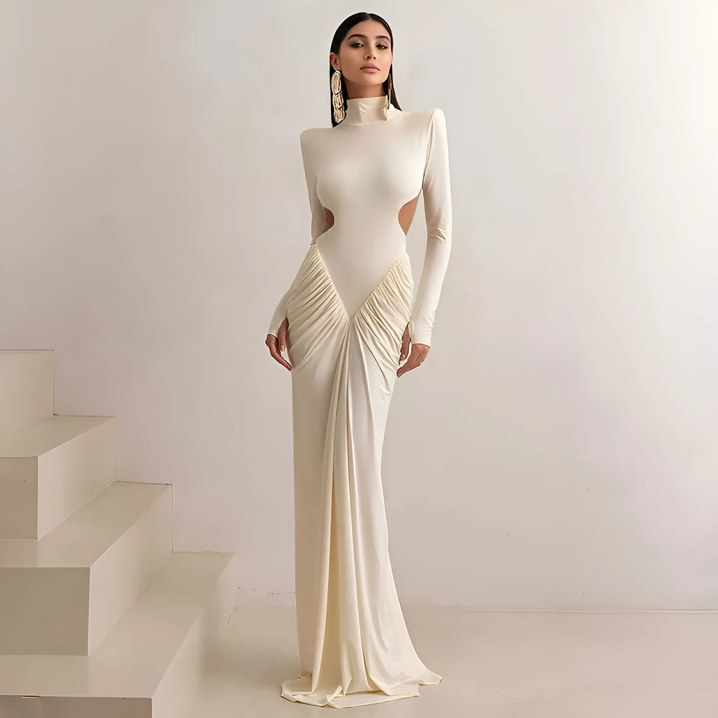 Long sleeve high collar slim fit pleated backless dress in polyester fabric