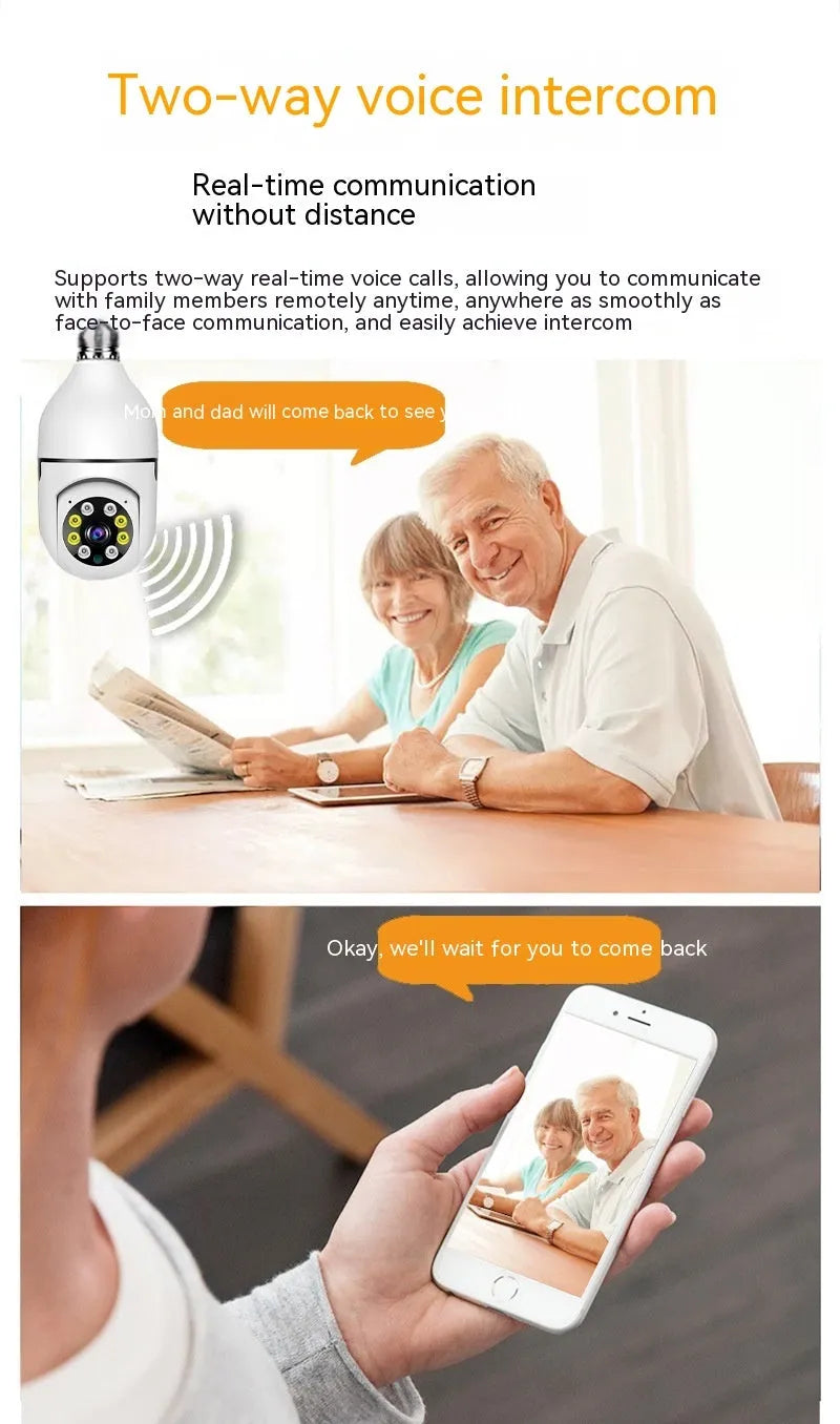 Wireless bulb security camera with plastic and metal housing measuring 5cm by 12cm